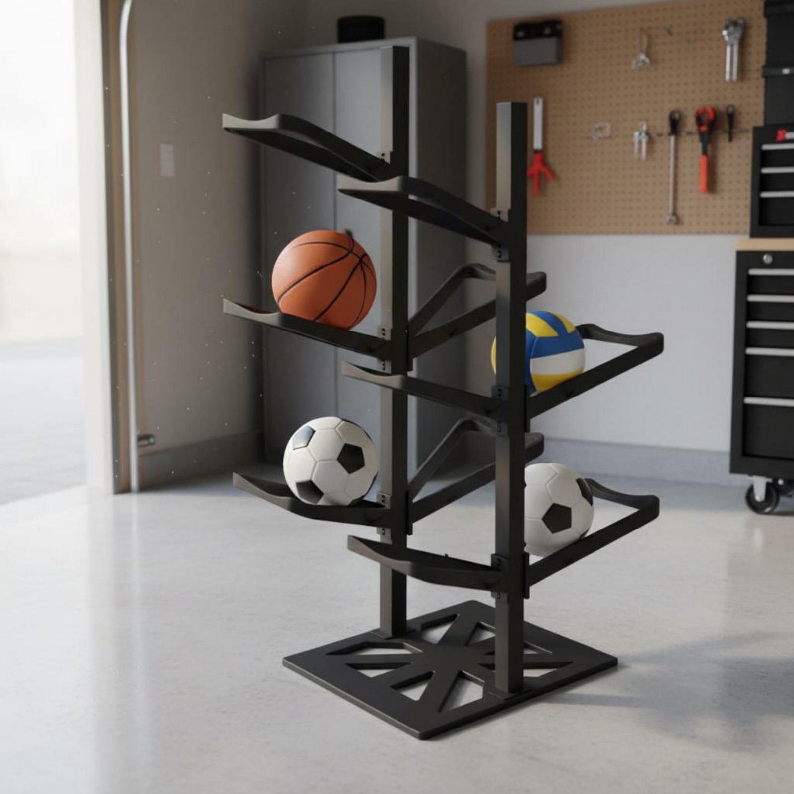 Estante para balones de balonc - Sports Equipment Garage Organizer reseña y precio